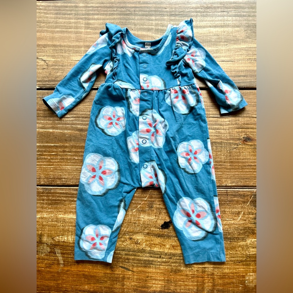Tea Collection Girl’s Blue Floral Ruffled Romper Size 6-9m